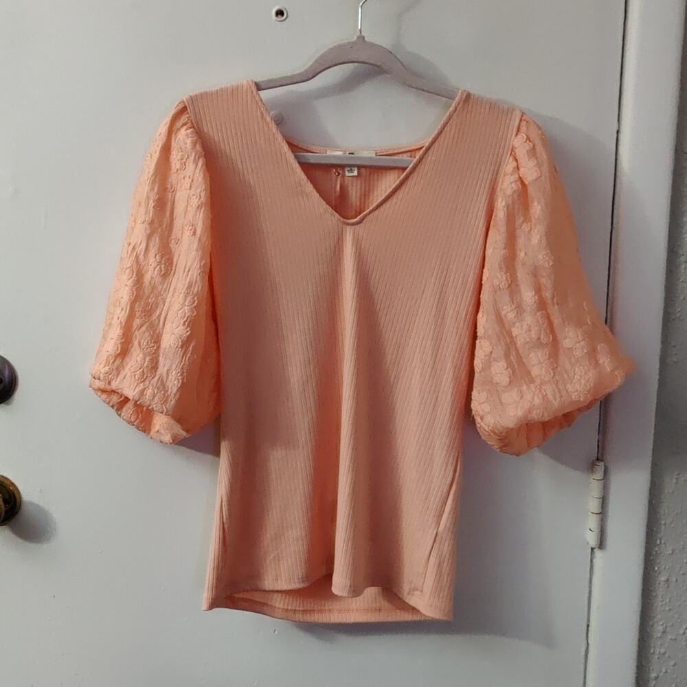 Entro Peach Balloon Sleeve V-Neck Blouse L NEW Ren Fair Castlecore Festival Twee